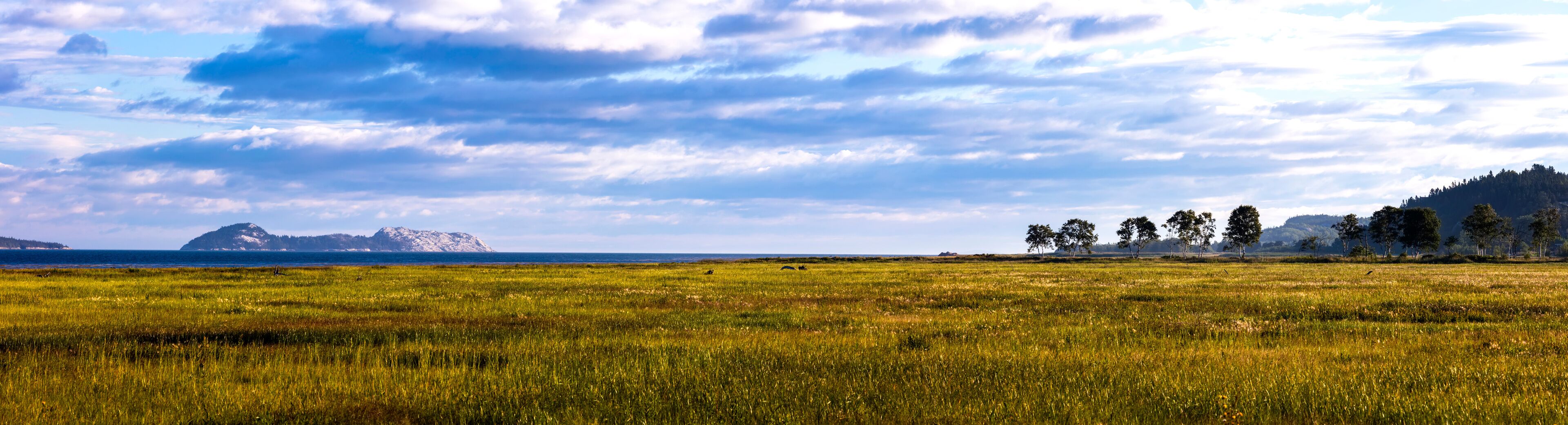 Panoramic view of the landscape along the Saint Lawrence River with grass field in the foreground and a rock formation in the distance; Saint Andre, Kamouraska, Quebec, Canada