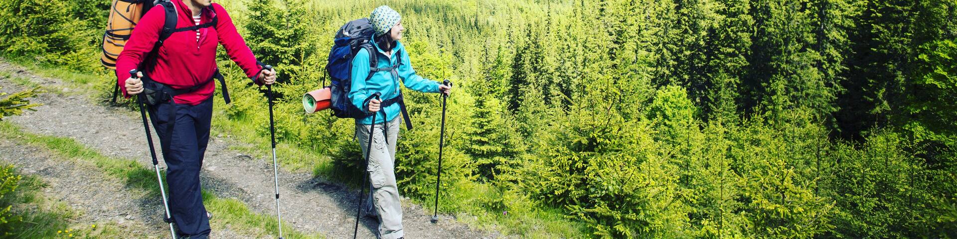 Summer hike in the mountains with a backpack and tent.