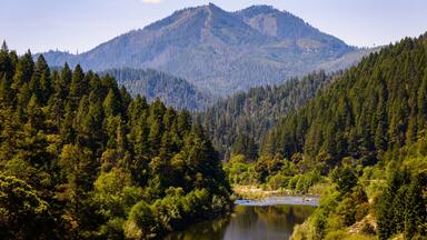 A mountain range with dense forests and a river.