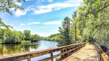 Beneath the blue sky and white clouds of a beautiful summer day in Wisconsin, the Red Cedar State Bike Trail crosses a wooden bridge and passes along the Red Cedar River through a lush green forest.