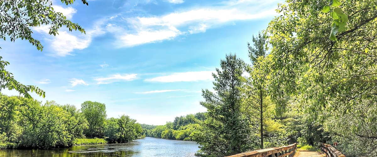 A wooden boardwalk along a river surrounded by lush greenery.