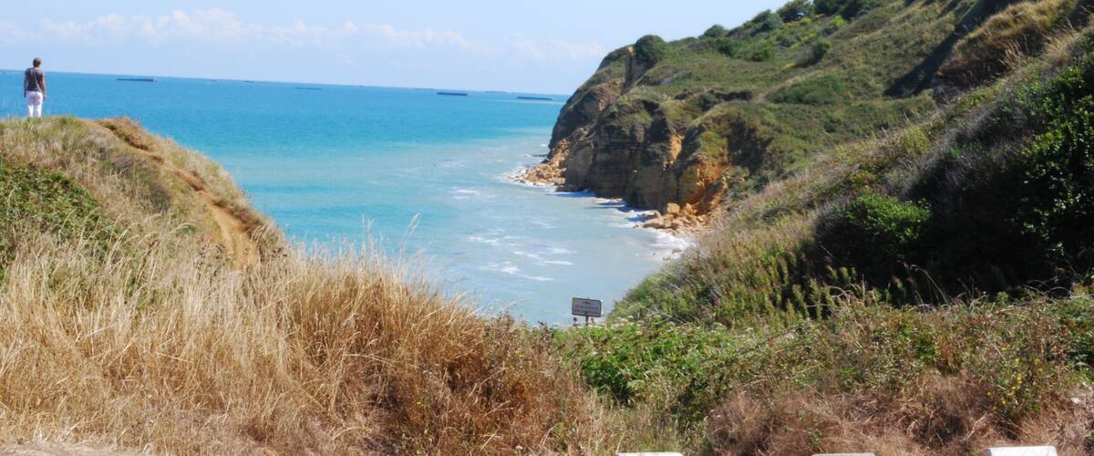 A coastal landscape with a person standing on a cliff overlooking the sea.