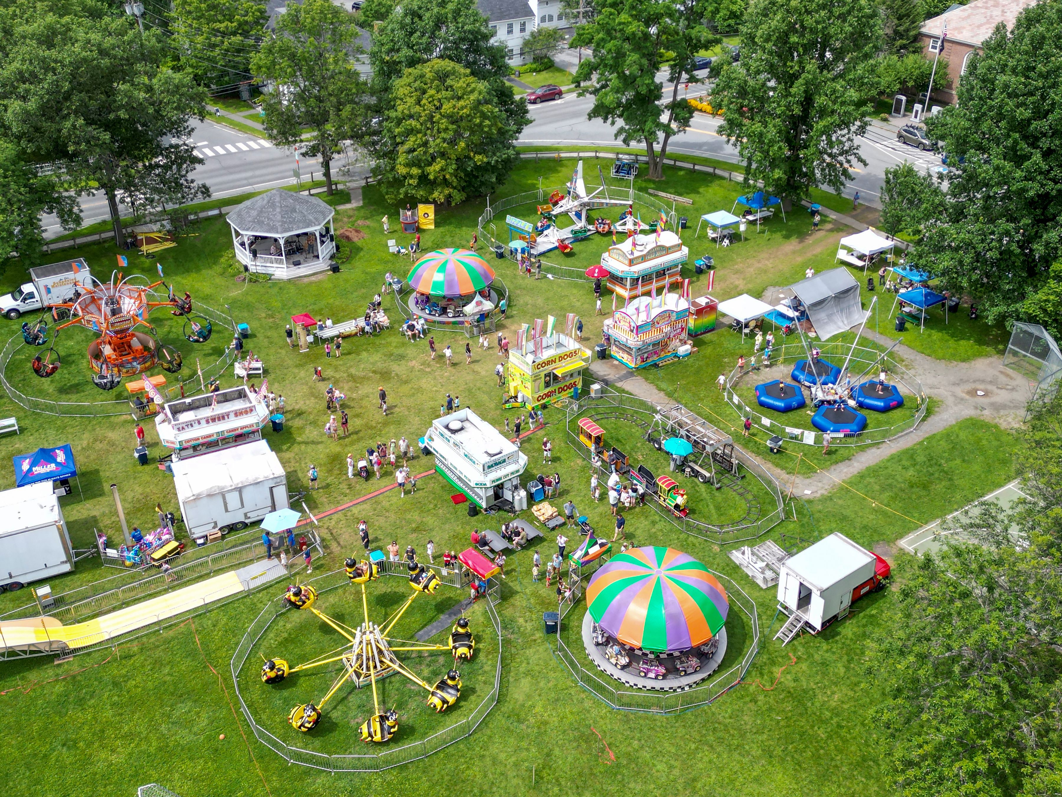 Drone / aerial phptography of a town fair, in Norwich, Vermont
