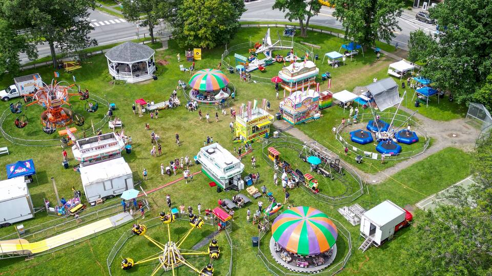 Drone / aerial phptography of a town fair, in Norwich, Vermont