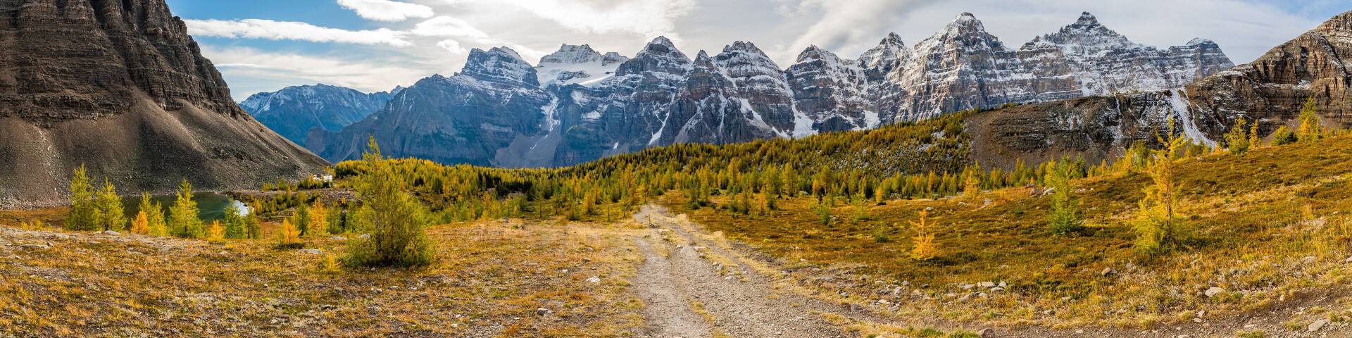 A mountain landscape with a dirt path, snow-capped peaks, and a forested valley.