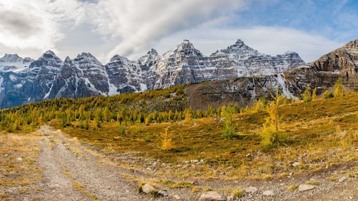 Beautiful fall time scenic views at Sentinal Pass, Larch Valley during September with light snow covering the incredible landscape in northern Canada, Banff National Park.