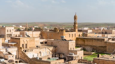 A historic cityscape with ancient stone buildings, a prominent minaret, and a hilly backdrop.