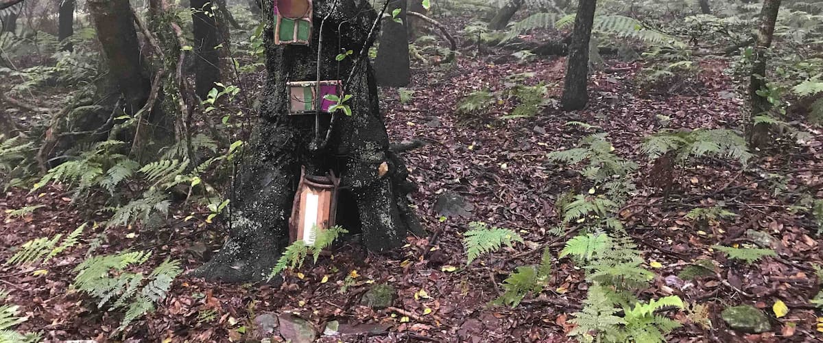 A forest with a tree decorated with colorful objects.