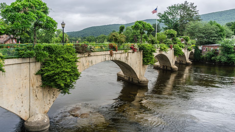 A stone bridge over a river with greenery on the sides and an American flag.