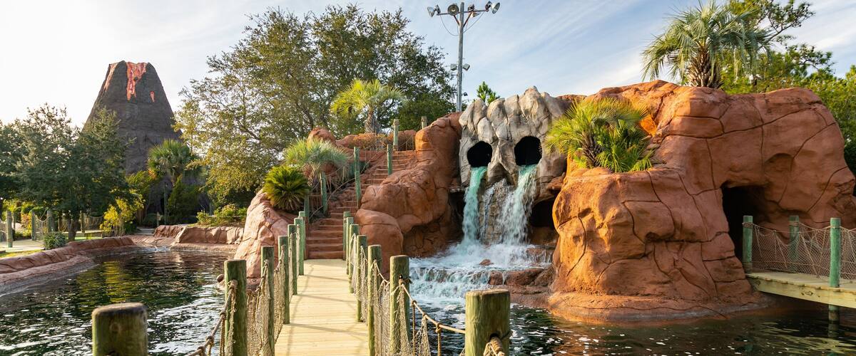 Adventure Island which includes a bridge and a fountain