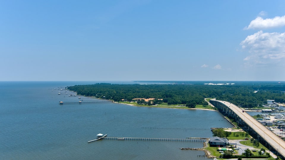 A coastal landscape with a bridge, a pier, and a forested area.