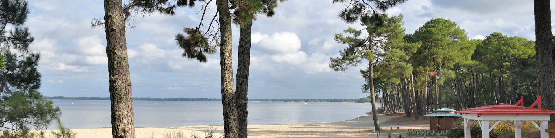 Uma praia com um gazebo, árvores e um lago calmo.