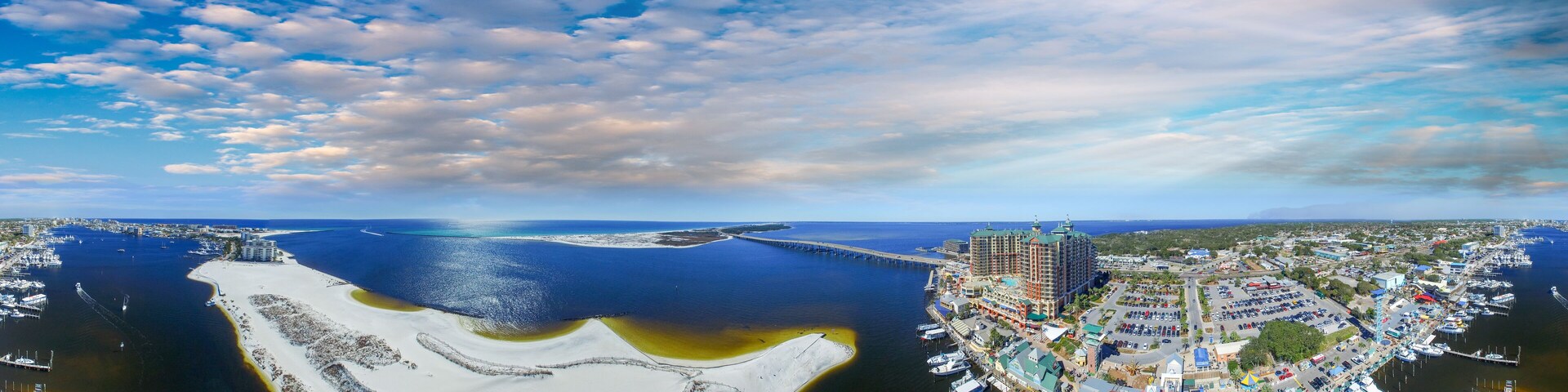 Beautiful panoramic aerial view of Destin Harbor at sunset, Flor