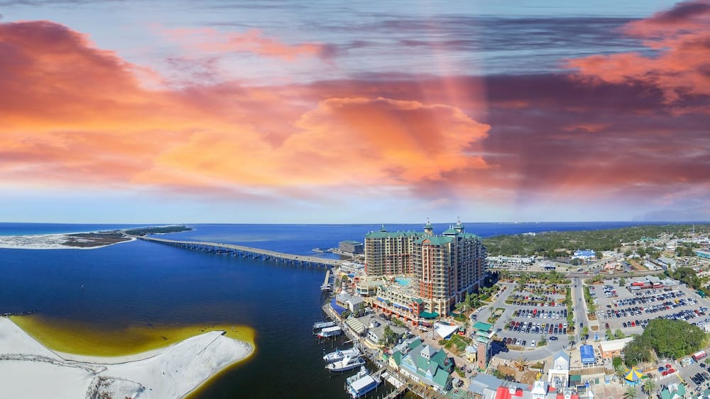 Aerial panoramic view of Destin Harbor at dusk, Florida