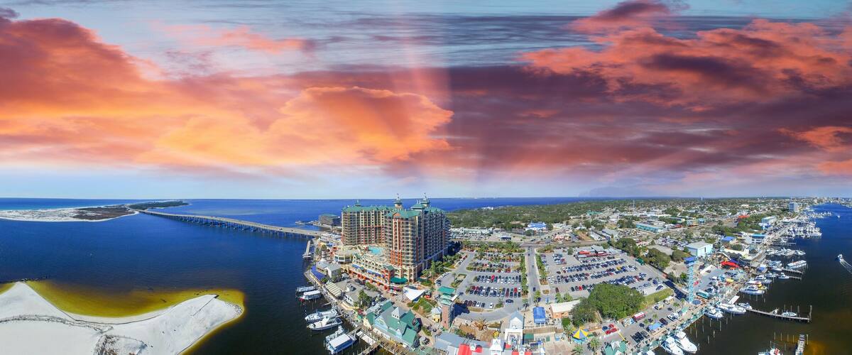 Aerial panoramic view of Destin Harbor at dusk, Florida