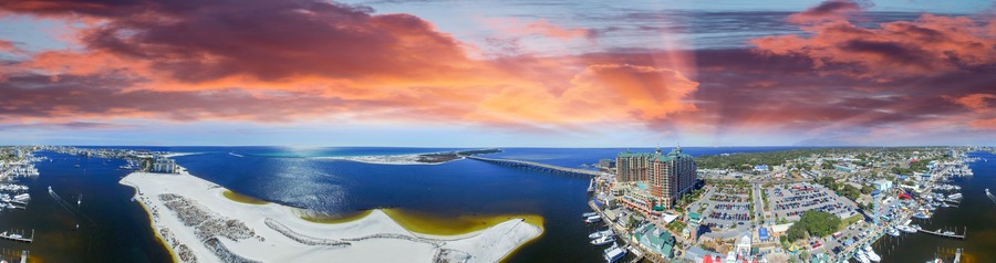 Aerial panoramic view of Destin Harbor at dusk, Florida