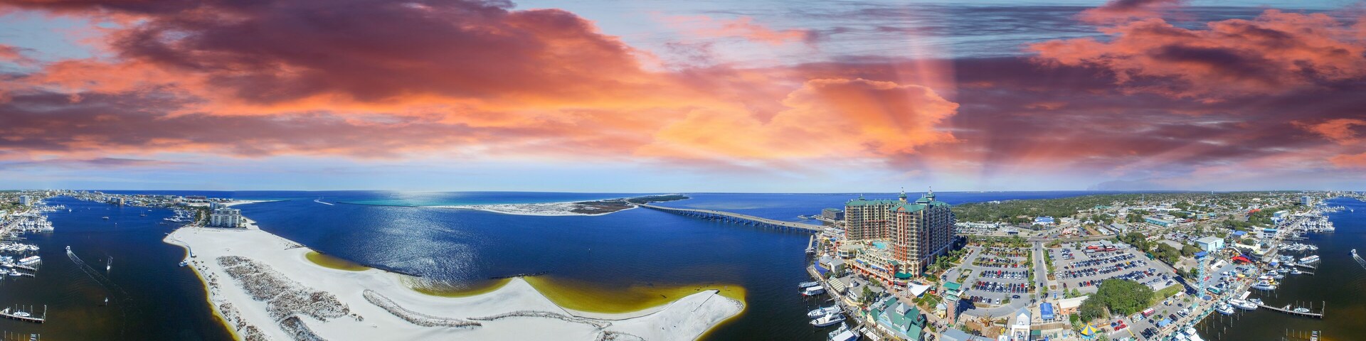Aerial panoramic view of Destin Harbor at dusk, Florida