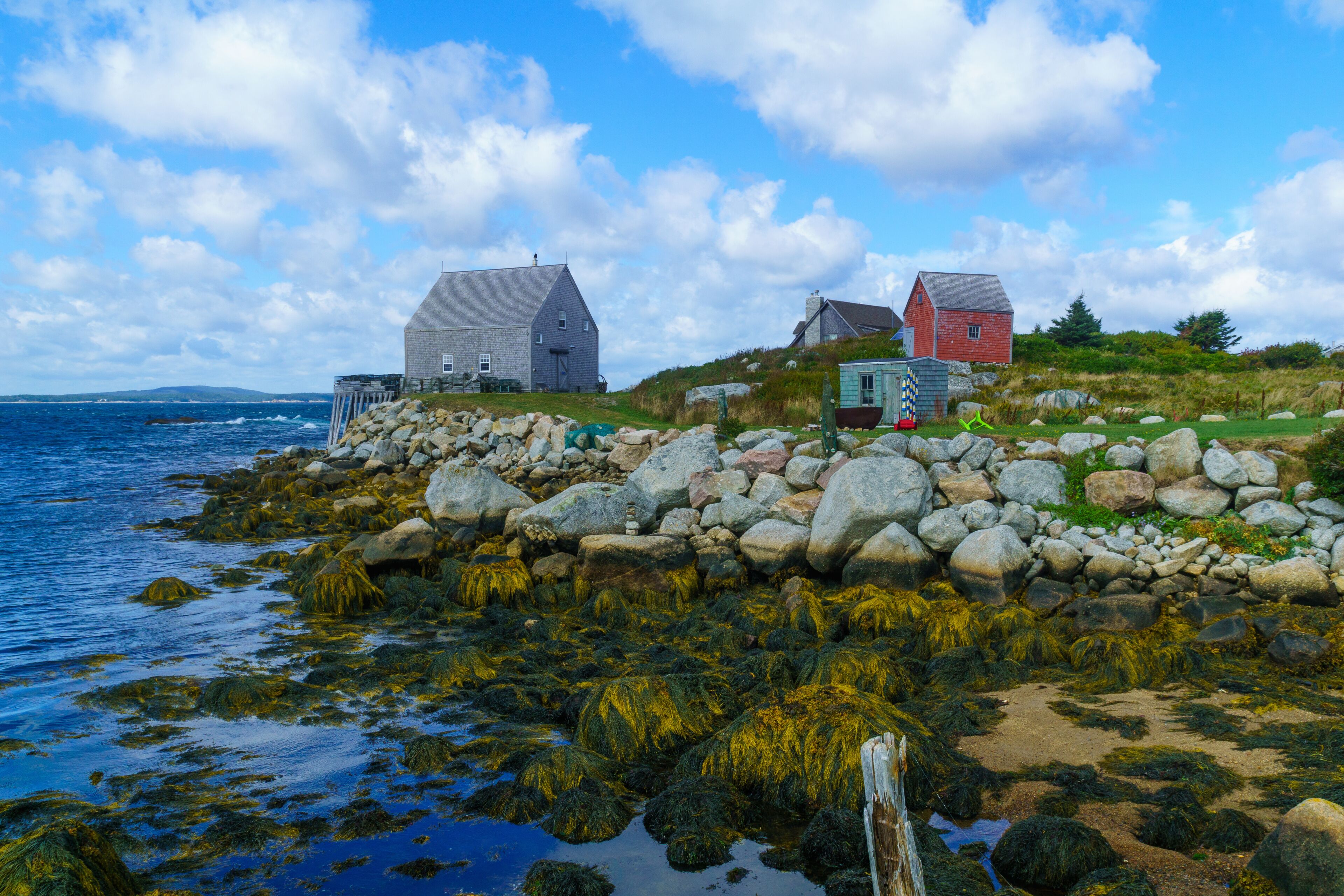 Rocky shore and houses in the fishing village Indian Harbour