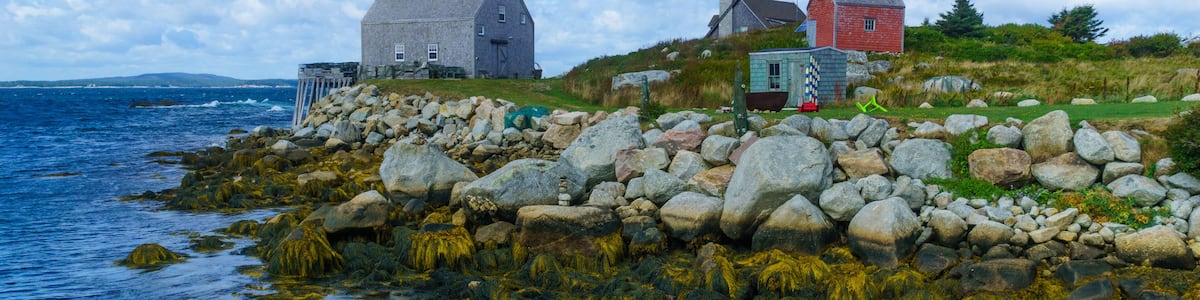 A coastal landscape with a rocky shoreline, a lighthouse, and two houses.