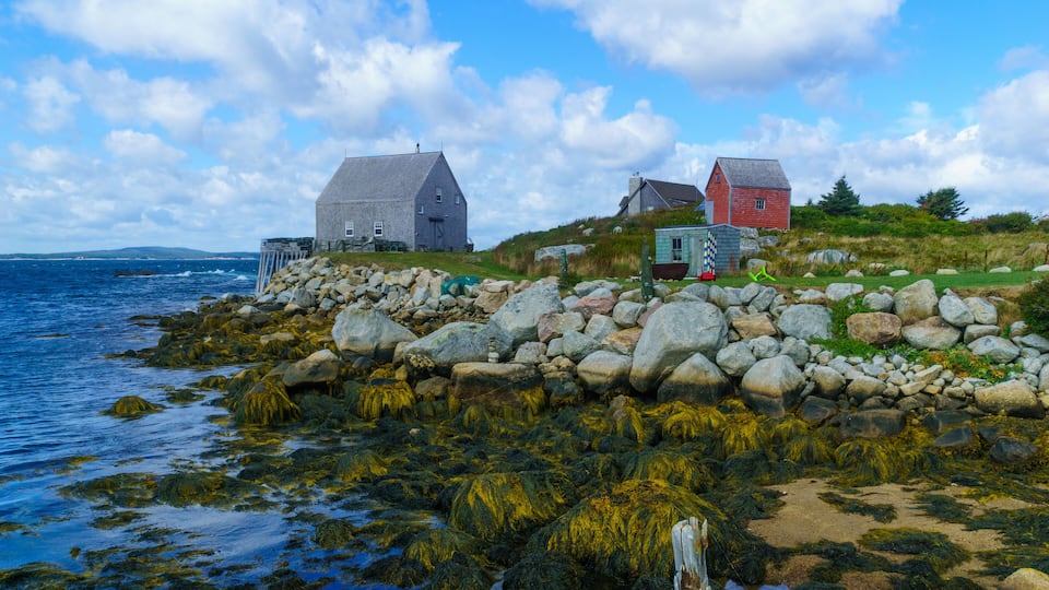 A coastal landscape with a rocky shoreline, a lighthouse, and two houses.