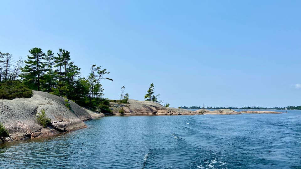 A rocky shoreline with clear blue water and dense green trees.