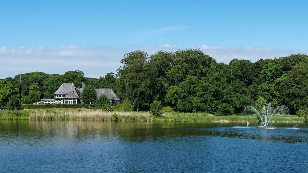 view of the picturesque campground and main building on the Maribo Lake in Denmark