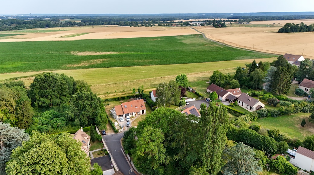 An aerial view of a rural area with fields, houses, and trees.