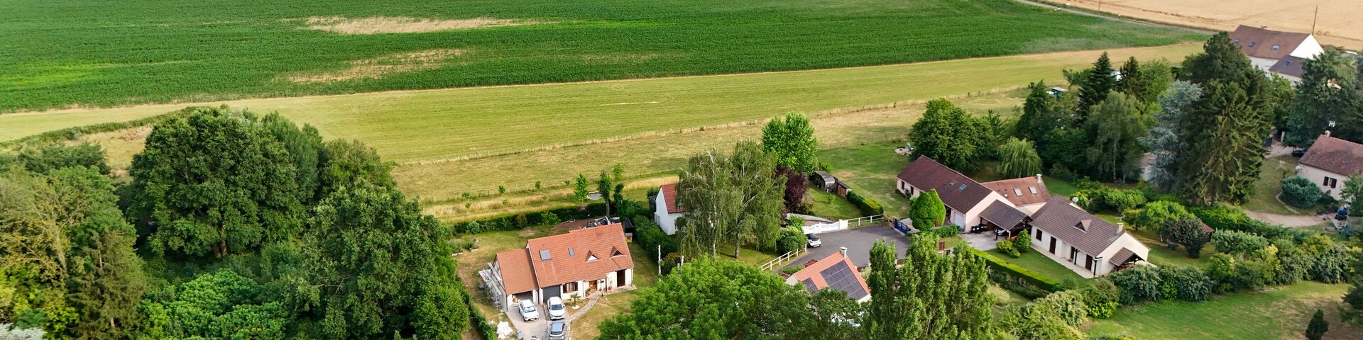 Vista aérea de una zona rural con campos, casas y árboles.