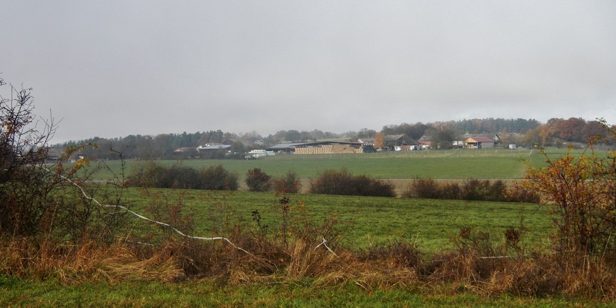 Un paysage rural avec une grande grange, de vastes champs et des maisons éparpillées.