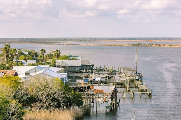 A view of Apalachicola, Florida from the bridge on a sunny day.