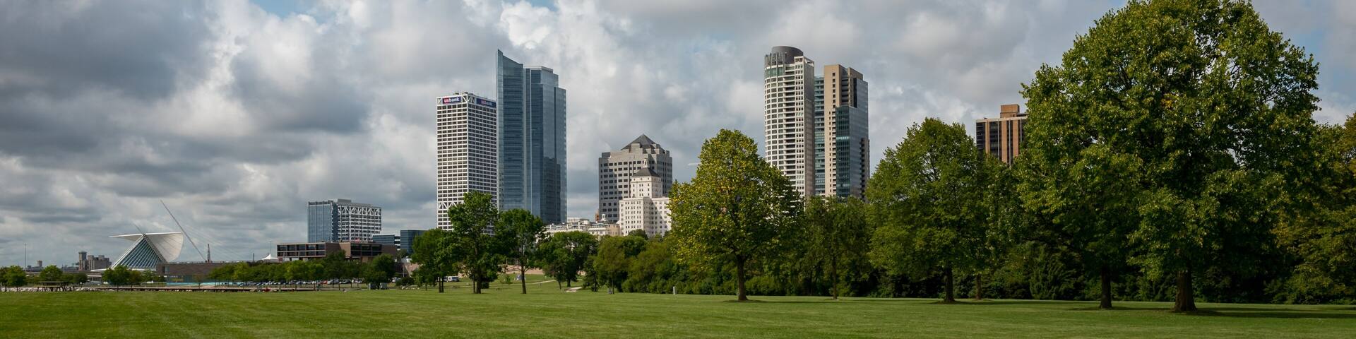 Milwaukee Wisconsin skyline as seen from Veterans Park in summer