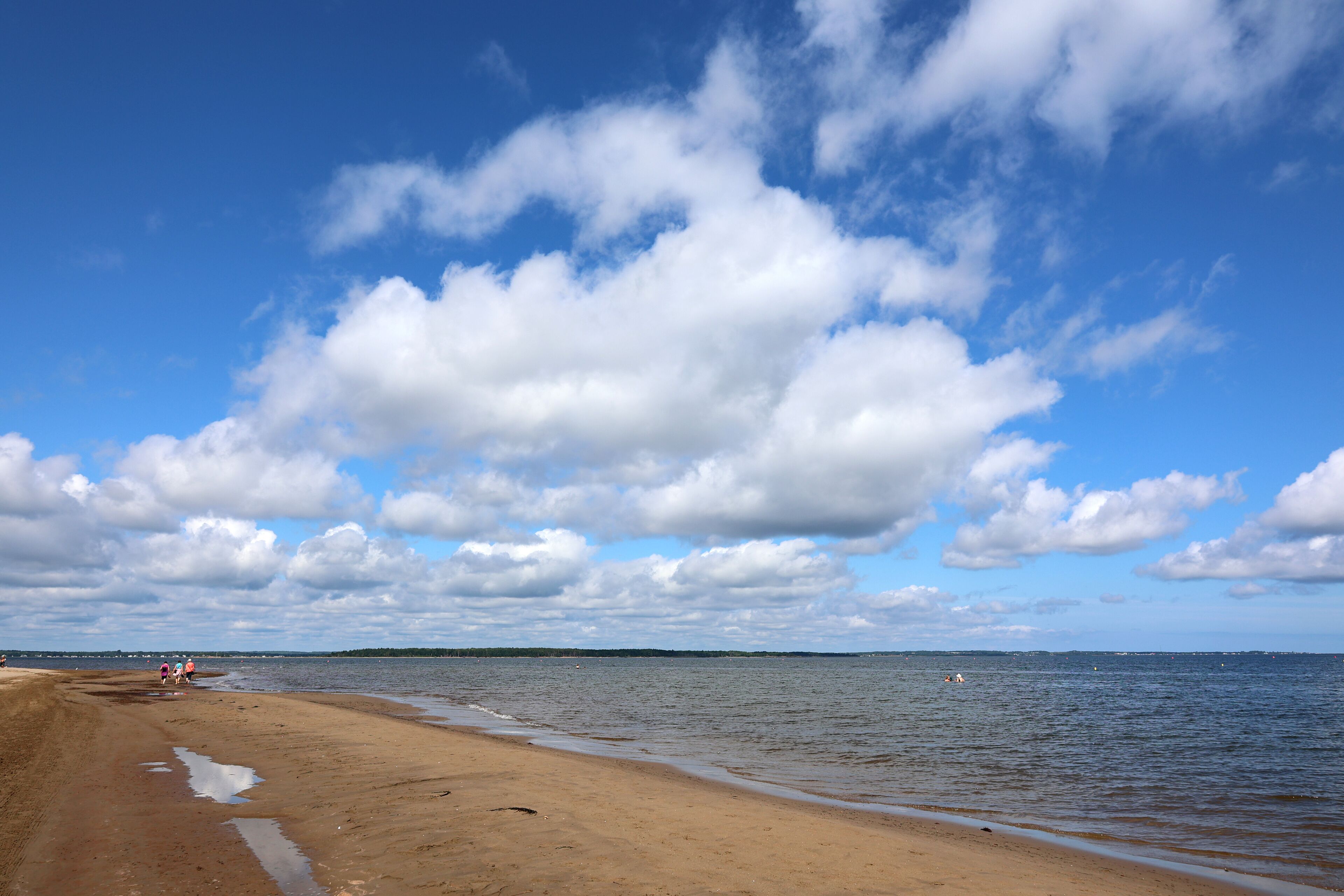 Een strand met een zandstrand, een rustige zee en een gedeeltelijk bewolkte lucht.