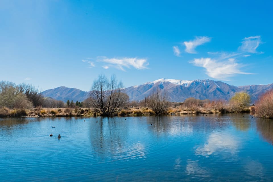 Un llac tranquil amb ànecs, envoltat de muntanyes i arbres.