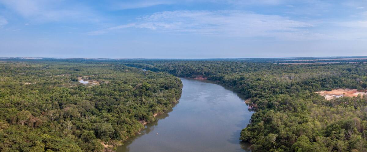 Beautiful panoramic aerial drone view of Rio Teles Pires and Amazon rainforest on sunny summer day with blue sky near Sinop city, Mato Grosso, Brazil. Concept of climate change and natural resources.
