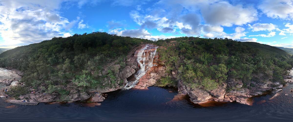 360 aerial photo taken with drone of Riachinho waterfall in Chapada Diamantina, Brazil