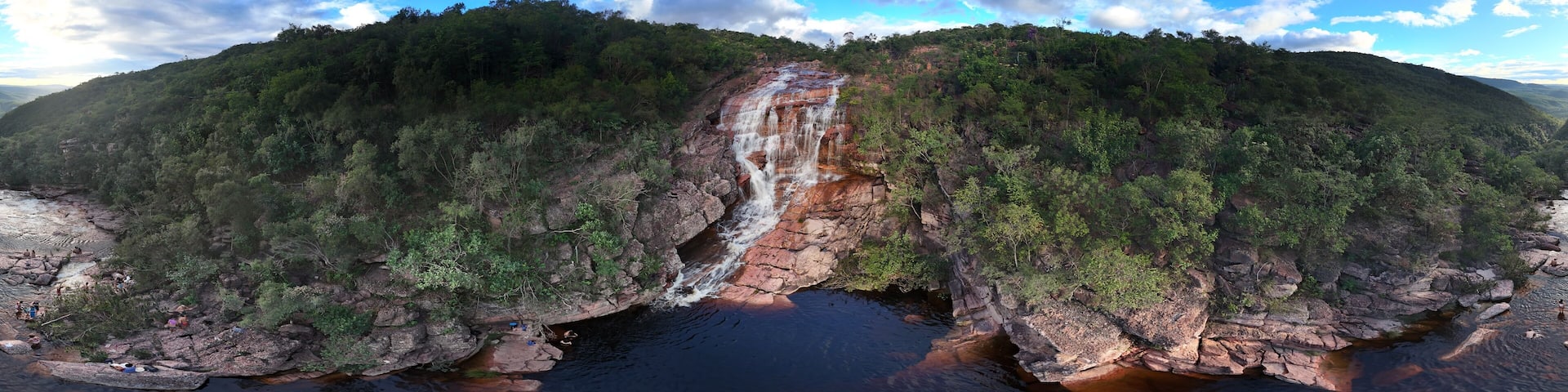 360 aerial photo taken with drone of Riachinho waterfall in Chapada Diamantina, Brazil