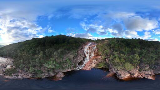 360 aerial photo taken with drone of Riachinho waterfall in Chapada Diamantina, Brazil