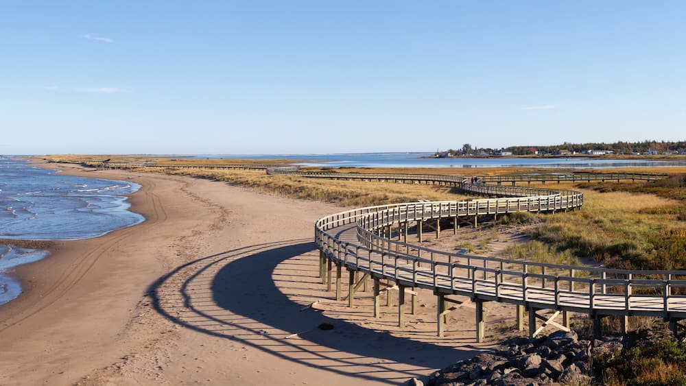 Panoramic view of a beautiful sandy beach on the Atlantic Ocean Coast. Taken in La Dune de Bouctouche, New Brunswick, Canada.