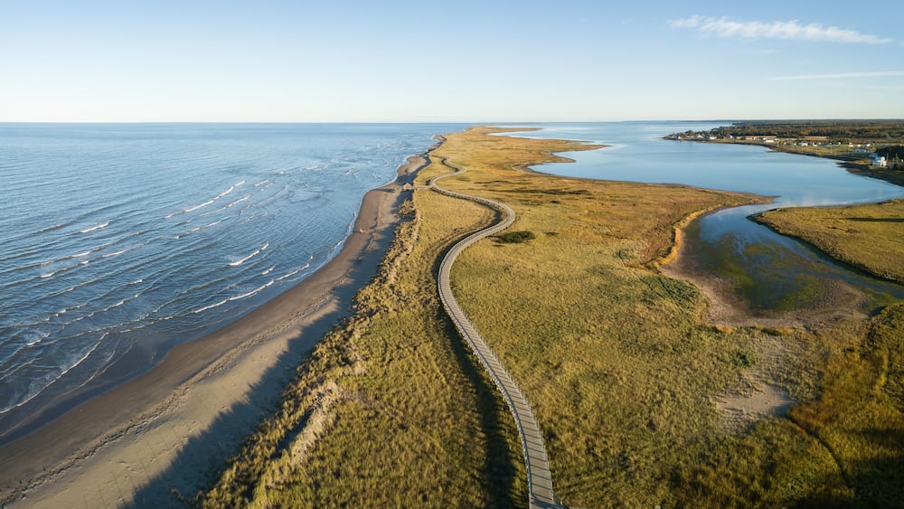 Aerial panoramic view of a beautiful sandy beach on the Atlantic Ocean Coast. Taken in La Dune de Bouctouche, New Brunswick, Canada.