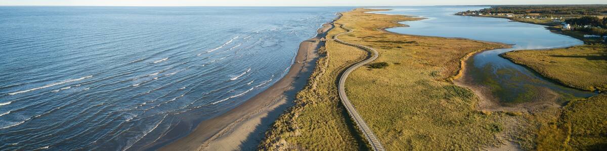 Aerial panoramic view of a beautiful sandy beach on the Atlantic Ocean Coast. Taken in La Dune de Bouctouche, New Brunswick, Canada.