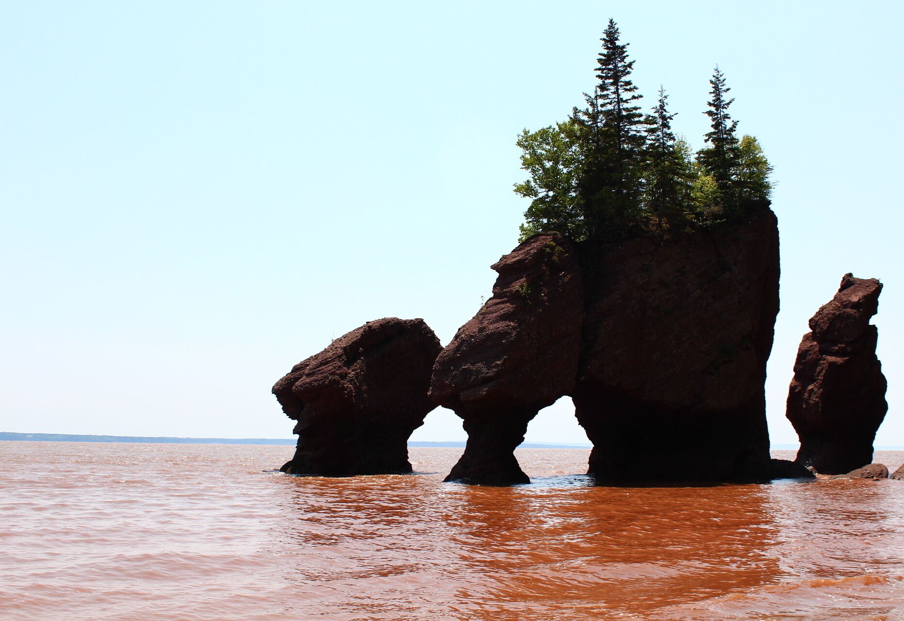 Une formation rocheuse sur laquelle poussent des arbres, entourée d’eau.