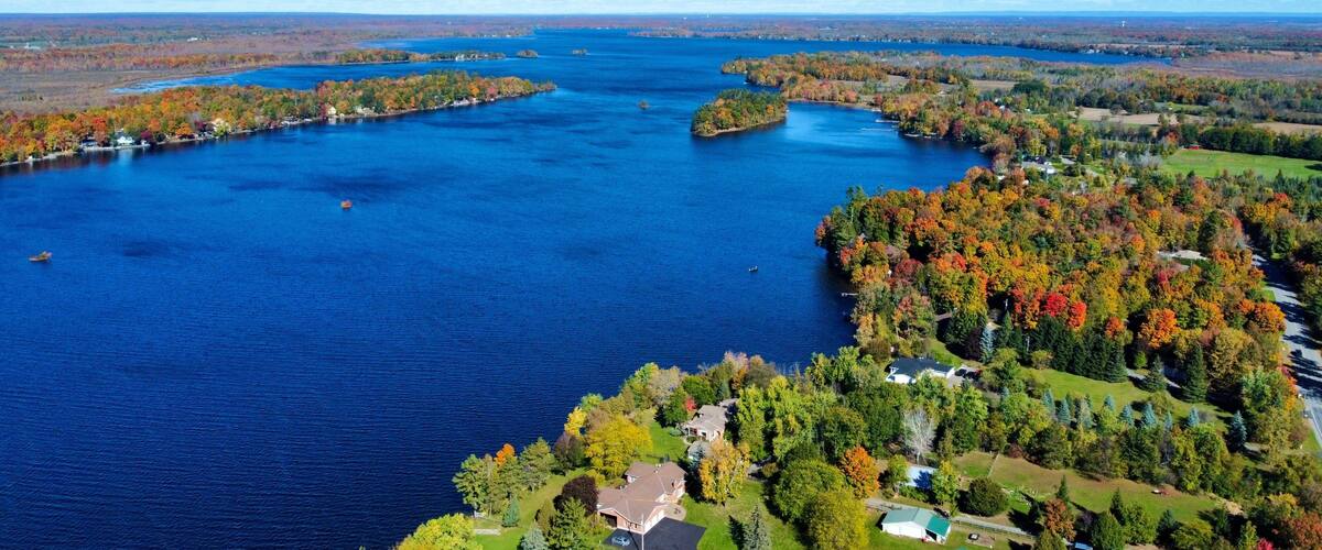 A lake surrounded by autumn-colored trees and houses.