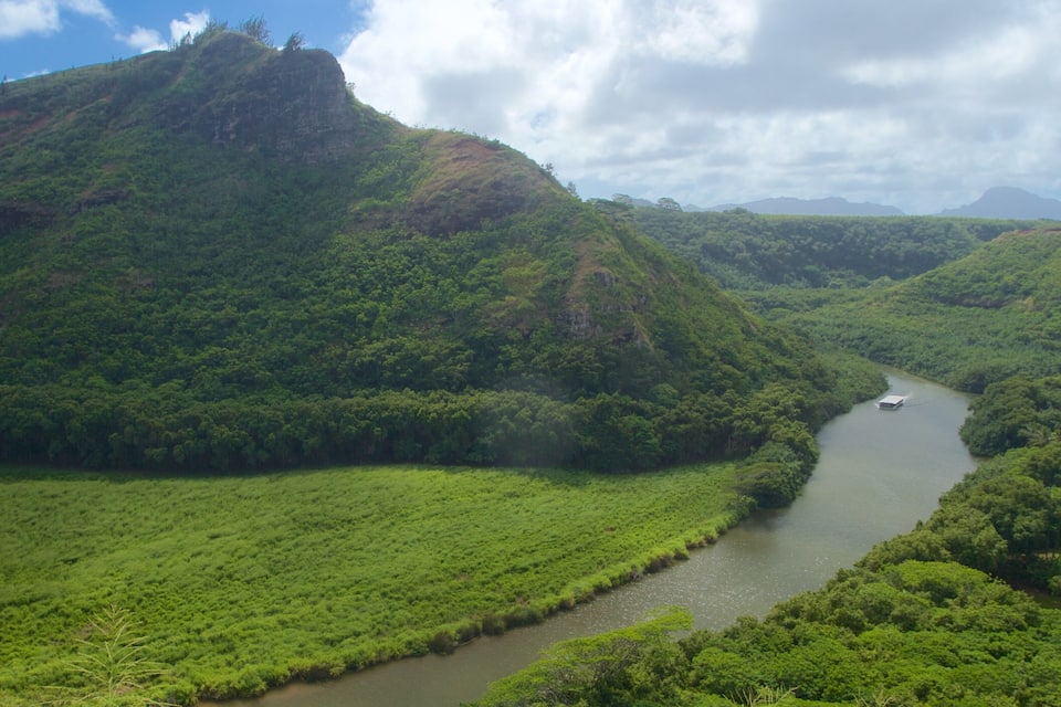 A river winding through a lush green valley with hills in the background.