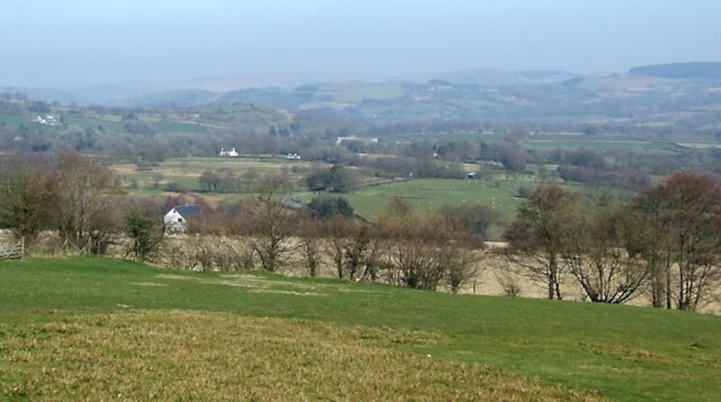 Across the Teifi Valley towards Llanio, Ceredigion The skyline rises to the right, to the forest at Bryn Du, and the Elenydd moorlands.