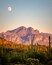 A mountain range with cacti in the foreground and a moon in the sky.