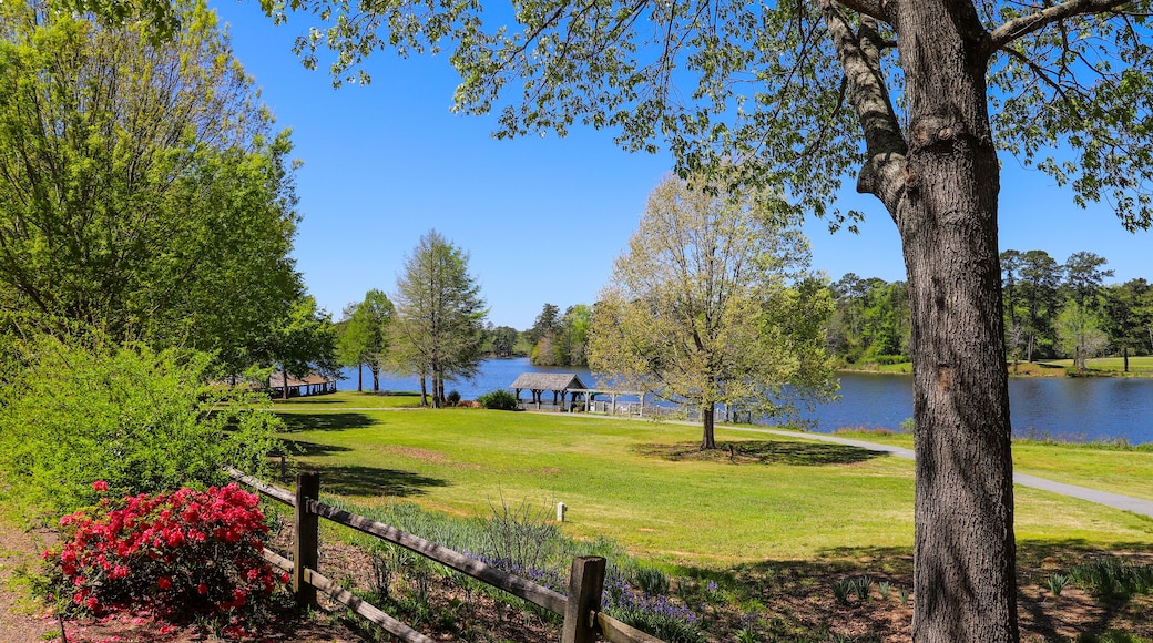 A gorgeous summer landscape in the garden with a lake and lush green trees, grass and plants, a brown wooden boathouse, red flowers, and wooden fence with blue sky at Callaway Gardens in Pine Mountain