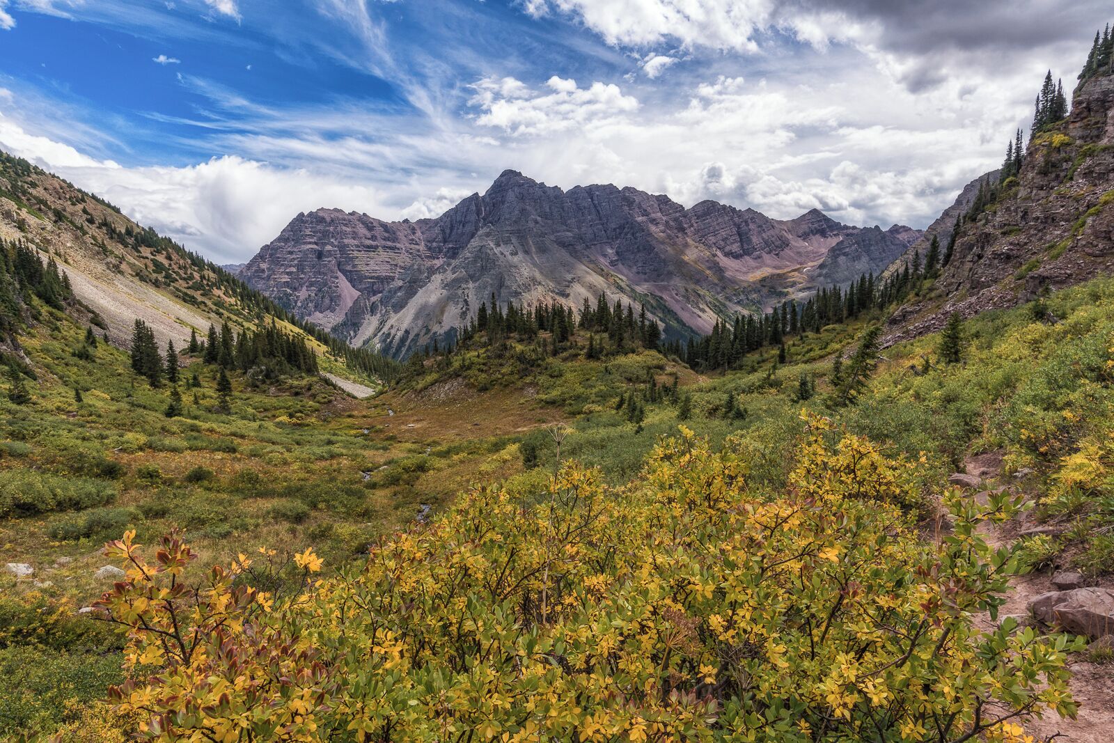 Un paisaje montañoso con un valle, un bosque denso y un cielo despejado.