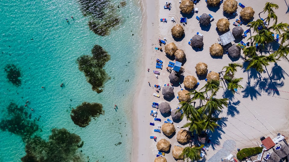 A beach with clear turquoise water, thatched umbrellas, and palm trees.