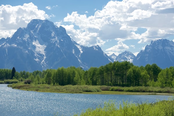Oxbow Bend welches beinhaltet Fluss oder Bach und Berge