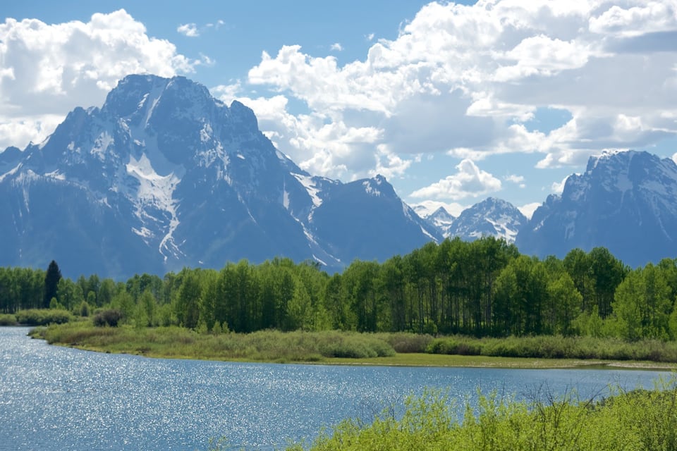 A lake surrounded by mountains and a dense forest.